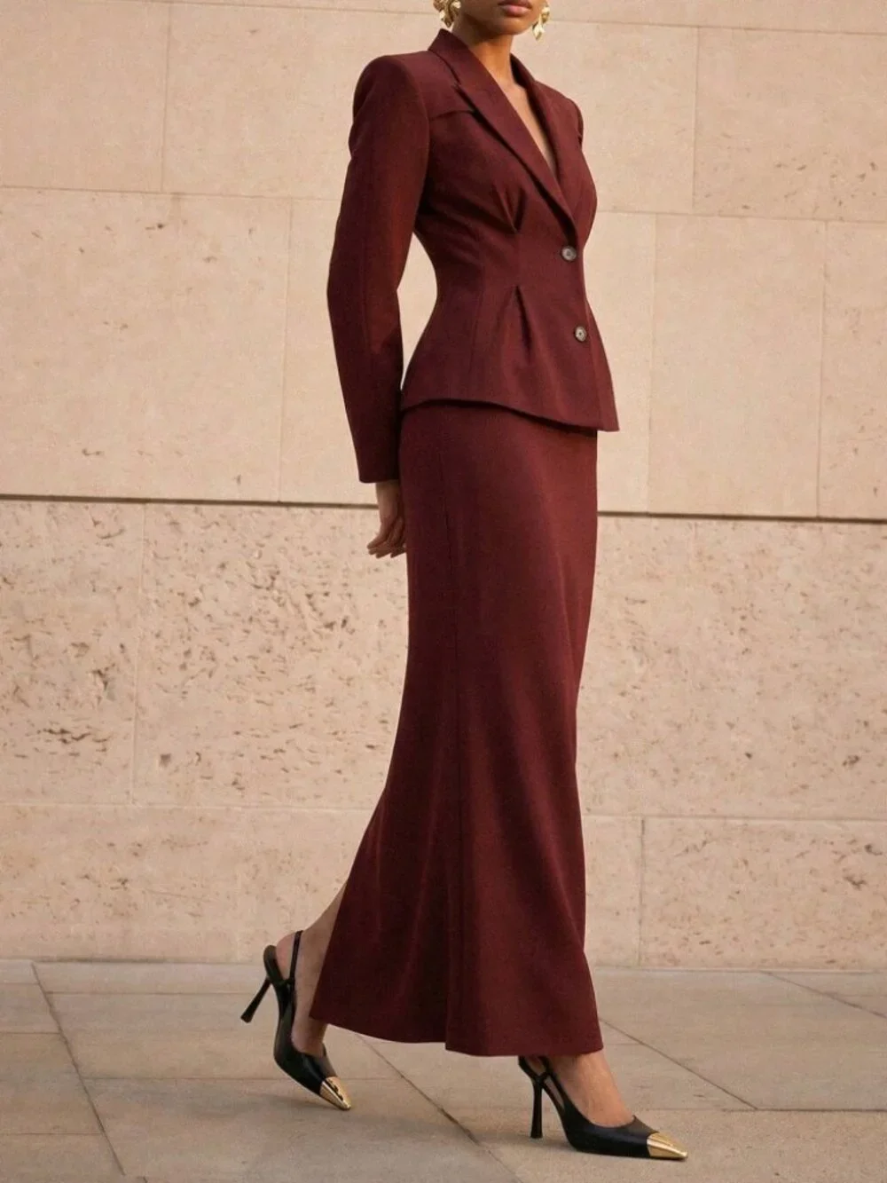 Burgundy Maxi Skirt with High Waist Fit-and-Flare Silhouette